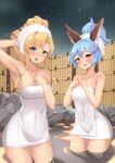  2girls absurdres blonde_hair blue_eyes blue_hair blush breasts collarbone erune ferry_(granblue_fantasy) granblue_fantasy hair_ornament highres long_hair looking_at_viewer multiple_girls naked_towel nude onsen onsen_symbol open_mouth partially_submerged pm_tii_(matuko1024) simple_background steam towel water water_spring wet yellow_eyes zeta_(granblue_fantasy) 