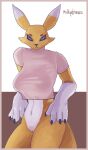  anthro arm_support athletic athletic_anthro athletic_female big_breasts big_ears black_sclera bottomless breasts cheek_tuft claws clothed clothing digimon digimon_(species) facial_tuft female fluffy fluffy_tail fur genitals leaning_on_elbow looking_at_viewer milkydraws8 pussy renamon solo standing sweater thick_thighs topwear tuft white_body white_fur yellow_body yellow_fur 