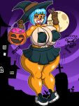  3:4 activision anthro bandicoot big_breasts bikini bikini_top blue_hair bottomwear breasts clothing crash_bandicoot_(series) female hair halloween happy hi_res holidays huge_breasts lips lipstick looking_at_viewer makeup mammal marsupial megumi_bandicoot mrxrickyx nipple_outline nipples open_mouth open_smile pink_eyes puffy_nipples skirt smile solo swimwear thick_thighs video_games wide_hips 