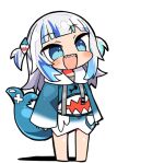  1girl :d bangs barefoot blue_eyes blue_hair blue_hoodie blush chibi drawstring eyebrows_visible_through_hair fish_tail full_body gawr_gura hair_ornament hololive hololive_english hood hood_down hoodie kanikama long_hair long_sleeves lowres multicolored_hair open_mouth shadow shark_tail sharp_teeth silver_hair sleeves_past_wrists smile solo standing streaked_hair tail teeth two_side_up virtual_youtuber white_background wide_sleeves 