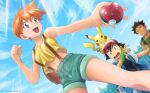  1girl 2boys :d ash_ketchum bag bangs bare_arms baseball_cap black_hair black_shirt brock_(pokemon) brown_hair clenched_hand cloud commentary_request day eyelashes fingerless_gloves from_below gen_1_pokemon gloves green_gloves green_shorts grey_eyes hair_between_eyes hand_up hat highres holding holding_poke_ball jacket kibisakura2 misty_(pokemon) multiple_boys on_head open_clothes open_jacket open_mouth orange_hair outdoors perspective pikachu poke_ball poke_ball_(basic) pokemon pokemon_(anime) pokemon_(classic_anime) pokemon_(creature) pokemon_on_head shirt short_hair shorts sky smile spiked_hair suspender_shorts suspenders tongue upper_teeth yellow_shirt 