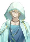  1boy arknights bangs blonde_hair blue_eyes blue_jacket blue_shirt character_request closed_mouth collarbone commentary_request earrings eyebrows_visible_through_hair glint hair_between_eyes highres hood hood_up hooded_jacket jacket jewelry linhe_de_chuangzi looking_at_viewer male_focus open_clothes open_jacket shirt simple_background solo upper_body white_background 