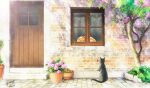  black_cat brick_wall cat commentary dated door eye_contact flower kaminaga_mutsumi looking_at_another no_humans orange_cat original outdoors photoshop_(medium) plant potted_plant scenery signature tree window 