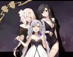 3girls alternate_costume anniversary aug_(girls_frontline) aug_para_(girls_frontline) black_dress black_hair breasts bug butterfly cleavage dress flower general_liu_(girls_frontline) girls_frontline hair_flower hair_ornament holding_hands insect multiple_girls silver_hair smile smile_(mm-l) thighs twintails white_hair yellow_eyes 