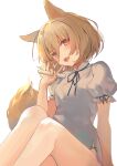  1girl :d animal_ears blush breasts brown_eyes commentary_request dress elise_(piclic) feet_out_of_frame fox_ears fox_shadow_puppet fox_tail hair_between_eyes hand_up highres holding_test_tube knees_up kudamaki_tsukasa light_brown_hair looking_at_viewer medium_breasts open_mouth puffy_short_sleeves puffy_sleeves short_sleeves simple_background smile solo tail touhou white_background white_dress 