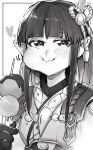  1girl absurdres bangs black_hair blunt_bangs blush breasts closed_mouth fewer_digits food gloves hair_ornament highres hinoa japanese_clothes long_hair looking_at_viewer monochrome monster_hunter_(series) monster_hunter_rise niwarizumu pointy_ears sidelocks simple_background smile 
