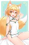  1girl absurdres animal_ear_fluff animal_ears arm_up bangs blonde_hair blush breasts china_dress chinese_clothes cleavage cleavage_cutout clothing_cutout covered_navel dress eyebrows_visible_through_hair fang fox_ears fox_tail hair_between_eyes highres kudamaki_tsukasa looking_at_viewer open_mouth short_dress sitting sleeveless sleeveless_dress small_breasts smile solo tail touhou white_dress yangshangshu 