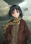  1girl artist_name bandaid bandaid_on_face black_hair brave_witches brown_jacket cloud cowboy_shot grey_sky hands_in_pockets head_tilt highres jacket kanno_naoe kokott looking_at_viewer scarf short_hair smile solo world_witches_series 