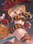  1girl absurdres ass blonde_hair blue_eyes blush breasts gloves granblue_fantasy hair_ornament halloween halloween_bucket halloween_costume happy_halloween hat highres jack-o&#039;-lantern long_hair looking_at_viewer open_mouth polearm pumpkin renzu_(lens_02) shorts simple_background smile solo spear thighhighs twintails weapon witch_hat zeta_(granblue_fantasy) 