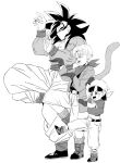  1girl 2boys bandana bangs belt black_hair body_fur boots coat denim dragon_ball dragon_ball_gt gloves greyscale jeans martial_arts_belt midriff monochrome multiple_boys navel pan_(dragon_ball) pants parody rom_(20) scarf shirt shorts son_goku super_saiyan super_saiyan_4 t-shirt tail trunks_(dragon_ball) wristband yotsubato! yotsubato!_pose 