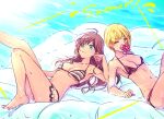  2girls :3 ahoge barefoot bikini black_bikini blonde_hair blue_eyes breasts brown_hair cleavage collarbone green_eyes ichinose_shiki idolmaster idolmaster_cinderella_girls lazy_lazy_(idolmaster) long_hair medium_breasts miyamoto_frederica multiple_girls navel one_eye_closed polka_dot polka_dot_bikini shiyu_(hagiwara_shiyu) short_hair sideboob striped striped_bikini summer swimsuit underboob very_long_hair 