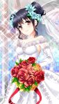  1girl bangs black_hair blue_flower bouquet breasts closed_mouth collarbone detached_sleeves double_bun doukyuusei_2 doukyuusei_another_world dress eyebrows_visible_through_hair flower game_cg hair_between_eyes hair_flower hair_ornament holding holding_bouquet indoors long_dress long_sleeves looking_at_viewer medium_breasts narusawa_yui off-shoulder_dress off_shoulder official_art red_eyes red_flower red_rose rose shiny shiny_hair sleeveless sleeveless_dress smile solo sparkle standing tied_hair wedding_dress white_dress white_sleeves yellow_flower yellow_rose 