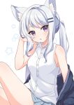  1girl :o animal_ear_fluff animal_ears breasts cat_ears clothes_down dokumi dress_shirt light_blue_hair long_hair medium_breasts miniskirt open_mouth original ponytail purple_eyes shirt skirt sleeveless sleeveless_shirt white_shirt 