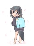  1girl :d alternate_costume backpack bag bangs barefoot black_hair black_sweater blue_eyes blush child commentary eyebrows_visible_through_hair from_behind full_body greater_lophorina_(kemono_friends) hair_between_eyes head_wings heart highres kemono_friends looking_at_viewer looking_back no_pants open_mouth randoseru shiraha_maru short_hair simple_background smile solo sweater tail twitter_username white_background younger 