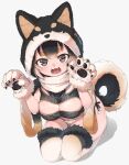  1girl :3 :d animal_hood bangs black_hair breasts brown_eyes claws cleavage_cutout clothing_cutout dog_girl dog_hood dog_tail eyebrows_visible_through_hair fang fangs fur-trimmed_gloves fur-trimmed_hood fur-trimmed_legwear fur_trim gloves hood hoof large_breasts looking_at_viewer multicolored_hair nyifu open_mouth original panties paw_gloves paws seiza short_eyebrows side-tie_panties simple_background sitting smile solo string_panties tail teeth thick_eyebrows thighhighs twitter_username underwear white_background white_hair 