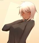  1girl absurdres black_sweater blazblue blush breasts bullet_(blazblue) dark_skin dark_skinned_female eyebrows_visible_through_hair hair_between_eyes highres long_sleeves looking_at_viewer medium_breasts open_mouth ribbed_sweater scar scar_on_face scar_on_nose shio2311 short_hair simple_background solo sweater turtleneck turtleneck_sweater twitter_username upper_body white_hair 