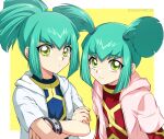 1boy 1girl 2020 aqua_hair bangs border brother_and_sister closed_mouth crossed_arms dated eyebrows_visible_through_hair green_eyes hood hooded_jacket jacket long_hair long_sleeves lua luca_(yu-gi-oh!) mini_(pixiv6327751) open_clothes open_jacket outside_border pink_jacket short_over_long_sleeves short_sleeves siblings smile solo twintails white_border white_jacket wristband yellow_background yu-gi-oh! yu-gi-oh!_5d&#039;s 