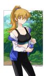  1girl 2021 alternate_costume black_bra black_pants bottle bra breasts brown_eyes brown_hair cleavage closed_mouth collarbone dated day high_ponytail highres holding holding_bottle jacket large_breasts long_hair looking_at_viewer midriff mini_(pixiv6327751) off_shoulder open_clothes open_jacket outdoors pants shiny shiny_hair solo sports_bra standing stomach tenjouin_asuka twitter_username underwear yu-gi-oh! yu-gi-oh!_gx 
