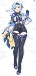  1girl :o absurdres bed_sheet black_gloves black_legwear blue_hair blue_neckwear bodystocking boots breasts cape character_name dakimakura_(medium) dated eula_(genshin_impact) full_body genshin_impact gloves hair_ornament hfp~kubiao highres long_sleeves looking_at_viewer lying medium_breasts necktie on_back open_mouth purple_eyes skindentation solo thigh_boots thigh_strap thighhighs wide_sleeves 