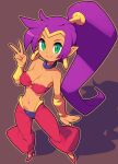  1girl blue_choker breasts brown_background choker cleavage commentary_request dark_skin dark_skinned_female earrings full_body green_eyes hand_up hoop_earrings jewelry long_hair looking_at_viewer medium_breasts metata midriff navel pointy_ears purple_hair shadow shantae_(character) shantae_(series) simple_background smile solo standing v 