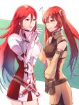  2girls armor bangs breastplate cordelia_(fire_emblem) detached_sleeves eyebrows_visible_through_hair fingerless_gloves fire_emblem fire_emblem_awakening garter_straps gauntlets gloves hair_between_eyes highres long_hair long_sleeves mother_and_daughter multiple_girls pauldrons red_eyes red_hair riou_(pooh920) severa_(fire_emblem) shoulder_armor smile twintails very_long_hair 