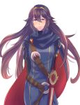  1girl armor arms_behind_back bangs belt belt_buckle blue_eyes blue_hair buckle cape cloak closed_mouth cowboy_shot eyebrows_visible_through_hair falchion_(fire_emblem) fire_emblem fire_emblem_awakening hair_between_eyes highres long_hair lucina_(fire_emblem) riou_(pooh920) shoulder_armor smile solo sword tiara very_long_hair weapon white_background 