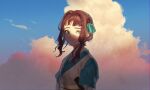  1girl aqua_eyes aqua_ribbon bangs blue_sky brown_hair cloud cloudy_sky hair_ribbon lanxi_zhen li_qingning_(the_legend_of_luoxiaohei) looking_at_viewer medium_hair popogano ribbon shadow short_sleeves sky smile solo the_legend_of_luo_xiaohei upper_body 