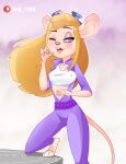  2019 anthro blonde_hair breasts chip_&#039;n_dale_rescue_rangers clothed clothing crop_top disney eyewear female gadget_hackwrench gesture goggles goggles_on_head hair hi_res jumpsuit mammal midriff mouse murid murine nipple_outline one_eye_closed open_mouth purple_clothing purple_eyes rin_tyan rodent shirt solo suggestive suggestive_gesture tank_top topwear 