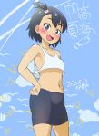  1girl bike_shorts black_hair blue_background blue_eyes breasts character_name collarbone commentary_request cowboy_shot fang hands_on_hips hodaka_natsumi houkago_teibou_nisshi kazuya_lolicon looking_at_viewer midriff navel open_mouth short_hair small_breasts solo standing tank_top white_tank_top 
