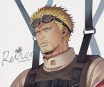  1boy blonde_hair brown_eyes face facial_hair frown goggles goggles_on_head looking_down male_focus mappo_m2 military military_uniform older parachute paradis_military_uniform reiner_braun shingeki_no_kyojin short_hair solo stubble uniform upper_body wind 