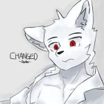  anthro canid canine canis changed_(video_game) clothing coat dr._k_(changed) eyebrows fur grey_background inner_ear_fluff lab_coat male mammal orcatemi raised_eyebrow red_eyes simple_background solo topwear tuft white_body white_fur wolf 