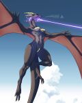 absurd_res anthro breasts breath_powers claws clothed clothing delta.dynamics dragon english_text female hi_res horn laser non-mammal_breasts nova_(delta.dynamics) plasma_cutter scalie skimpy solo text winged_arms wings wyvern 