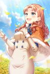  1girl :d annette_fantine_dominic blue_eyes blue_sky blush breasts brown_hair capelet cloud commentary_request day dress fire_emblem fire_emblem:_three_houses flower fur-trimmed_capelet fur_trim gloves hands_up highres long_hair long_sleeves looking_away medium_breasts open_mouth orange_capelet outdoors petals sakura_tsubame signature sky smile solo white_dress white_gloves yellow_flower 