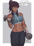  1girl abs avatar_(series) bandaged_arm bandaged_head bandages bare_shoulders blue_eyes breasts brown_hair dark_skin dark_skinned_female dumbbell groin hair_tubes iahfy korra long_hair lowleg midriff muscular muscular_female navel ponytail solo the_legend_of_korra thought_bubble toned 