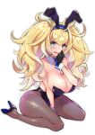  1girl animal_ears between_legs black_gloves black_leotard blonde_hair blue_eyes blush breasts bunny_ears chikage_(blackclownery) cleavage collar detached_collar fake_animal_ears gambier_bay_(kancolle) gloves hairband hand_between_legs high_heels highres kantai_collection kneeling large_breasts leotard necktie playboy_bunny sitting strapless strapless_leotard twintails wariza wrist_cuffs 
