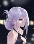  1girl absurdres an-94_(girls_frontline) aqua_eyes bare_shoulders black_dress breasts dress earrings eyebrows_visible_through_hair girls_frontline hair_ornament hairclip hand_on_breast highres jewelry long_hair looking_away marrrrrr open_mouth profile silver_hair small_breasts solo_focus 