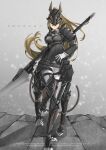  1girl animal_ears armor black_armor black_jacket blonde_hair breasts centaur closed_mouth commentary_request english_text faulds floating_hair full_body gloves grey_background highres holding holding_lance holding_polearm holding_weapon horse_ears jacket lance light_particles long_hair long_sleeves mask medium_breasts monster_girl multiple_legs original polearm ponytail running sarasadou_dan shadow shin_guards shoulder_armor sidelocks simple_background solo tail taur underbust weapon white_gloves 
