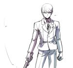  1boy bangs clenched_hand collared_shirt danganronpa_(series) danganronpa_3_(anime) formal frown greyscale holding holding_sword holding_weapon jacket katana long_sleeves male_focus monochrome munakata_kyousuke necktie pants print_neckwear shirt short_hair simple_background solo suit sword weapon white_background youko-shima 