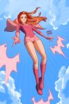  1girl atom_eve blue_sky blush bodysuit boots commentary day english_commentary floating_hair flying full_body green_eyes highres invincible_(series) long_hair looking_at_viewer manda_schank orange_hair outdoors pink_capelet pink_footwear pink_lips signature skin_tight sky smile solo 