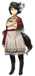  1girl absurdres amulet animal_ear_fluff animal_ears beige_dress black_hair body_fur capelet closed_mouth commentary crossed_arms digitigrade dress eyebrows_visible_through_hair feathers fox_ears fox_girl fox_tail full_body grey_dress hair_feathers hat highres hozumi_(ouchan) jewelry kachina_(ukagaka) looking_ahead pendant short_hair simple_background solo standing tail ukagaka white_background yellow_eyes 