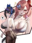  !? 2girls ass black_bra black_hair black_legwear black_panties blush bra breasts collarbone eyebrows_visible_through_hair fingernails girls_frontline hair_ornament hair_ribbon hairclip hei_d hexagram holding jericho_(girls_frontline) large_breasts long_hair looking_at_viewer multiple_girls negev_(girls_frontline) open_mouth panties panties_under_pantyhose pantyhose red_eyes red_hair ribbon sex_toy sideboob underwear vibrator white_bra 