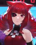  1girl animal_ear_fluff animal_ears artificial_eye bare_shoulders breasts brooch detached_sleeves drill_hair highres jewelry looking_at_viewer mechanical_eye medium_breasts parted_lips portrait red_hair solo stella_hoshii twin_drills unsomnus va-11_hall-a 