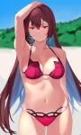 1girl arm_up beach bikini blue_sky breasts day fate/grand_order fate_(series) hair_intakes highres horizon large_breasts looking_at_viewer navel outdoors pink_bikini purple_bikini purple_hair red_eyes saisarisu sand scathach_(fate)_(all) scathach_(swimsuit_assassin)_(fate) sky smile solo swimsuit tree 