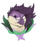  anthro avian beak bird black_sclera bust_portrait decidueye eyewear feathers female gabe_(onom) glare glasses hair neltruin nintendo pok&eacute;mon pok&eacute;mon_(species) portrait purple_body purple_eyes purple_feathers purple_hair solo video_games 