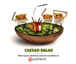  2016 angry anthro beady_eyes bowl caesar_salad clothing cryptid-creations dot_eyes dying english_text food food_creature gaius_julius_caesar group humor latin_text laurel_wreath lettuce male marcus_junius_brutus open_mouth orange_body patreon plant pun salad simple_background stake text toga toothpick url vegetable visual_pun white_background 