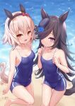  2girls animal_ears bare_arms bare_legs bare_shoulders beach black_headwear blue_flower blue_rose blue_swimsuit blush brown_hair closed_mouth collarbone commentary_request curren_chan_(umamusume) eyebrows_visible_through_hair flower hair_between_eyes hair_over_one_eye hat hat_flower highres horse_ears horse_girl horse_tail long_hair multiple_girls ocean one-piece_swimsuit open_mouth orange_eyes purple_eyes rice_shower_(umamusume) rose shimokirin short_hair silver_hair smile swimsuit tail tilted_headwear umamusume 