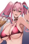  1girl :d armpits azur_lane bikini blue_hair breasts bremerton_(azur_lane) bremerton_(scorching-hot_training)_(azur_lane) bubble_tea choker cleavage covered_nipples highres koko_shiguma long_hair looking_at_viewer open_mouth pink_bikini pink_eyes pink_hair pink_nails smile solo swimsuit twintails 