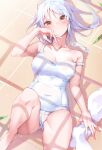  1girl :o arm_up armpits bangs bare_arms bare_legs bare_shoulders barefoot blush breasts cameltoe cleavage collarbone competition_school_swimsuit covered_navel eyebrows_visible_through_hair hand_on_own_face heart heart-shaped_pupils highres kanola_u knee_up long_hair looking_at_viewer lying medium_breasts on_back on_floor open_mouth original silver_hair solo sparkle strap_slip swimsuit symbol-shaped_pupils tile_floor tiles towel white_swimsuit yellow_eyes 