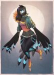 anthro avian beak bird bird_feet black_body black_feathers black_hair bottomwear breasts chest_tuft clothed clothing drpickelle feathered_wings feathers female fully_clothed hair jacket midriff non-mammal_breasts pants solo topwear tuft wide_hips winged_arms wings 
