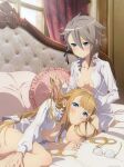  2girls ange_(princess_principal) artist_request bed blonde_hair blue_eyes blush bottomless braid breasts closed_mouth collarbone eyebrows_visible_through_hair eyewear_removed glasses grey_hair hair_ornament hair_ribbon highres indoors lap_pillow long_hair looking_at_another multiple_girls no_bra no_panties official_art on_bed open_clothes open_shirt princess_(princess_principal) princess_principal ribbon shiny shiny_hair shirt short_hair small_breasts smile source_request white_shirt window yuri 